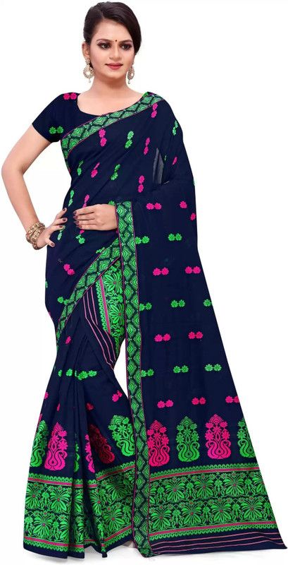 Printed Mekhela Chador Cotton Linen Saree  (Blue)
