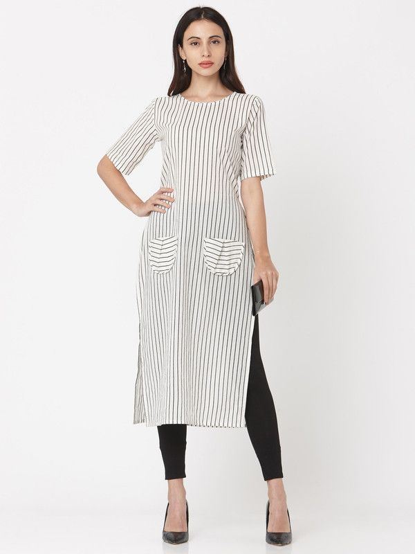 Women Striped, Geometric Print, Solid Pure Cotton Straight Kurta  (White)