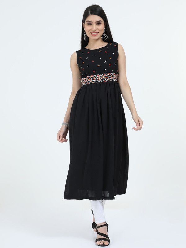 Women Printed Georgette Flared Kurta  (Black)