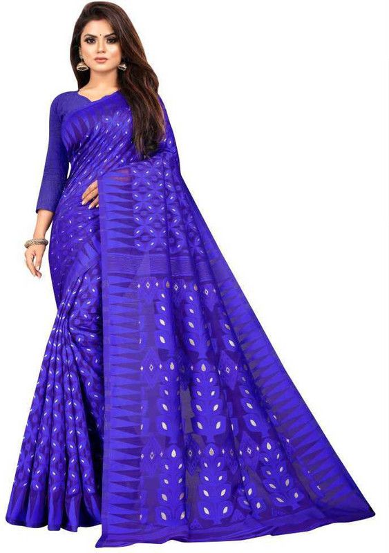 Self Design Jamdani Pure Cotton Saree  (Blue)