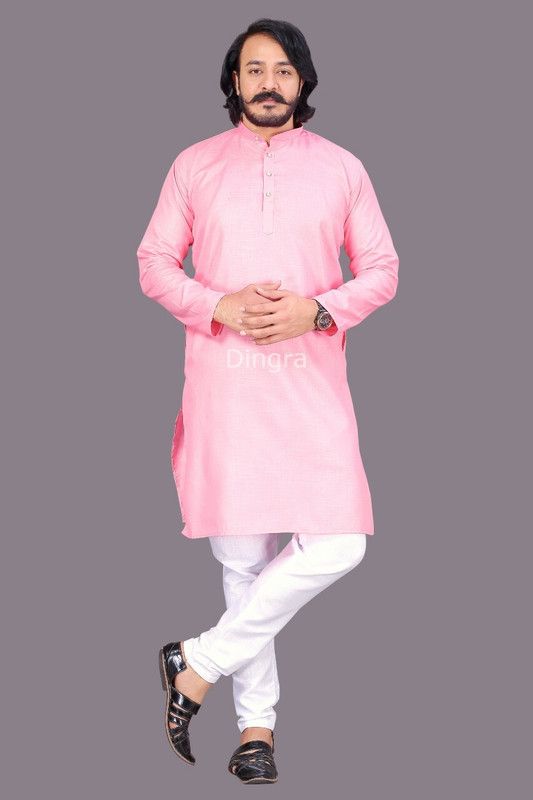 Men Solid Cotton Blend Straight Kurta  (Pink)