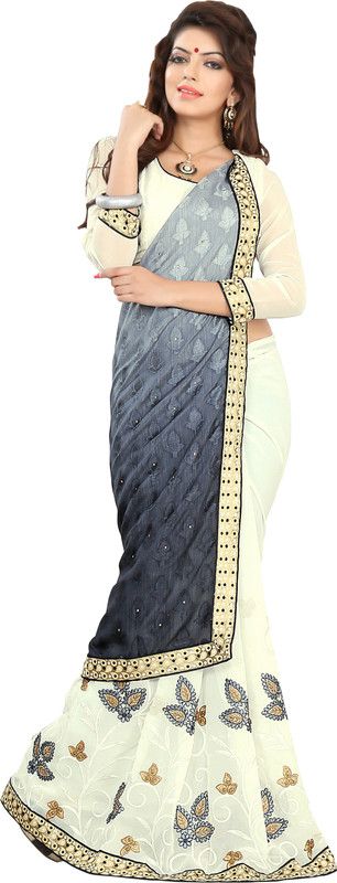 Embroidered Bollywood Georgette, Brasso Saree  (White, Grey)