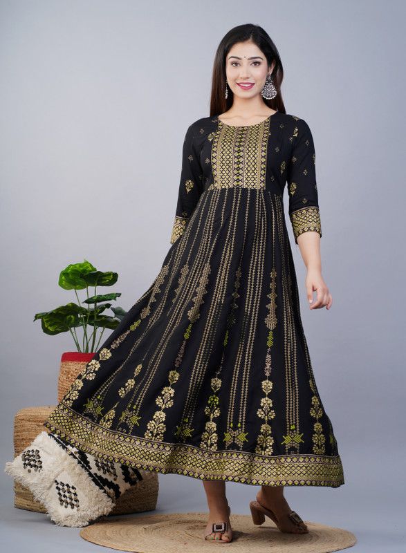 Printed Viscose Rayon Stitched Anarkali Gown  (Black)