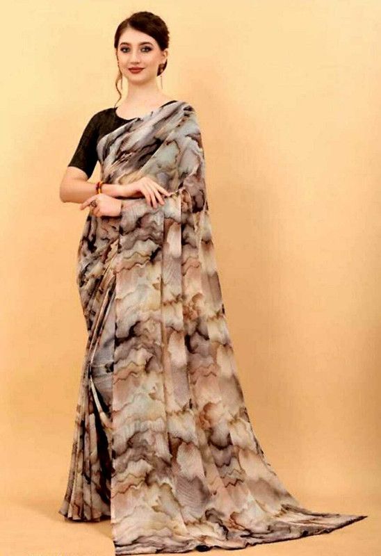 Printed, Digital Print, Floral Print Bollywood Georgette Saree  (Multicolor, Brown)