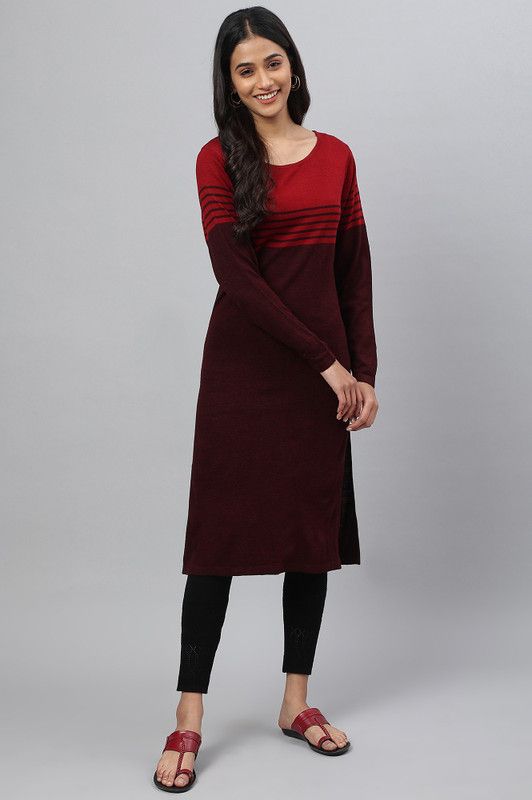 Women Striped Acrylic Blend Straight Kurta  (Maroon)