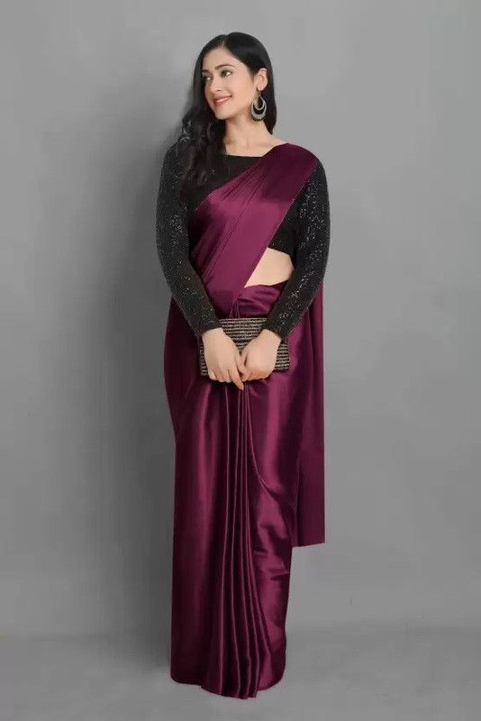 Solid/Plain Bollywood Satin Saree  (Purple)