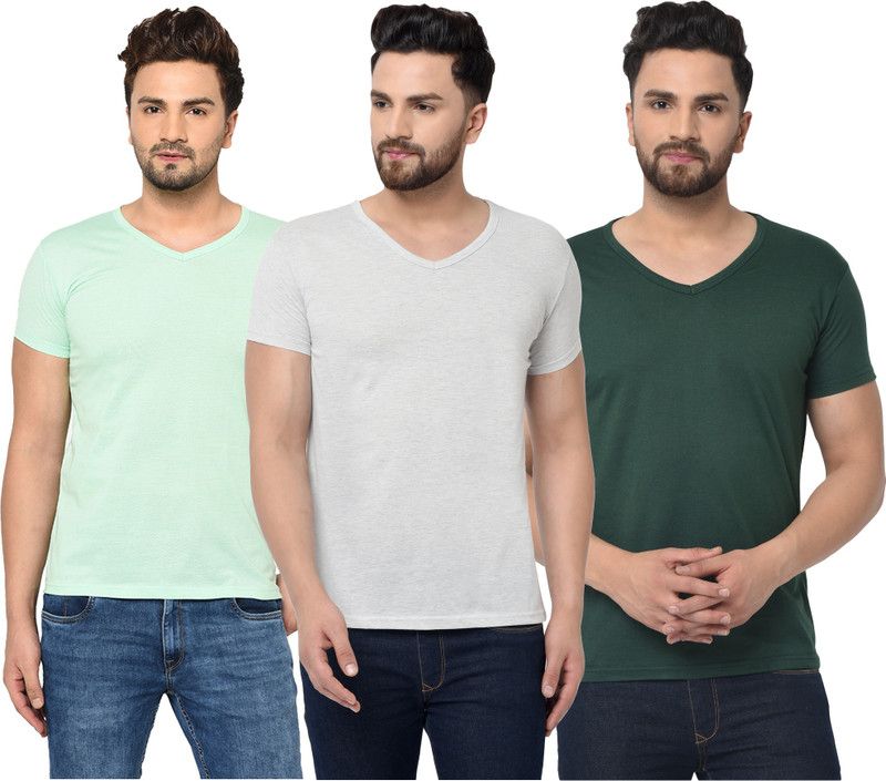 Pack of 3 Men Solid V Neck Cotton Blend Dark Green, Grey, Light Green T-Shirt