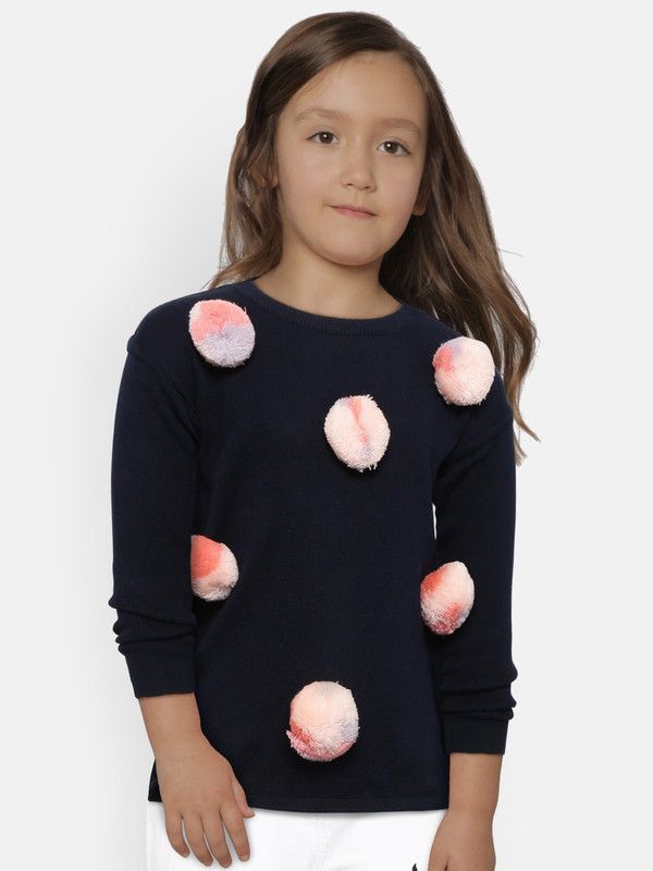 Girls Embroidered Round Neck Dark Blue Sweater