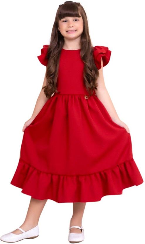 Girls Calf Length Casual Dress  (Red, Cap Sleeve)