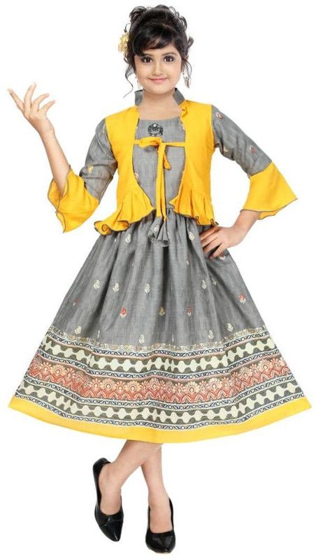 Girls Calf Length Party Dress  (Grey, 3/4 Sleeve)