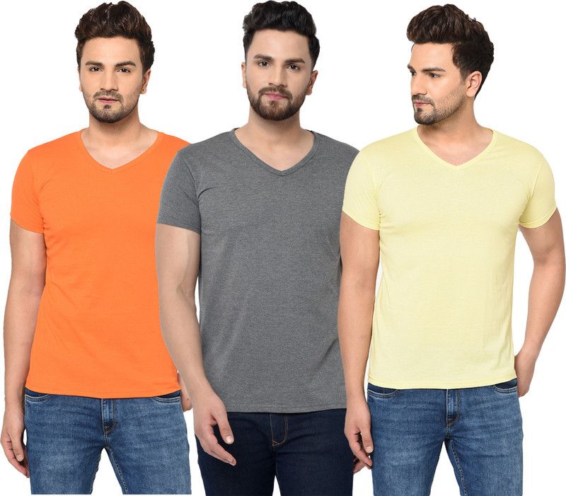 Pack of 3 Men Solid V Neck Cotton Blend Orange, Grey, Yellow T-Shirt