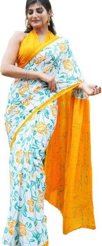 Floral Print Daily Wear Pure Cotton Saree  (White)