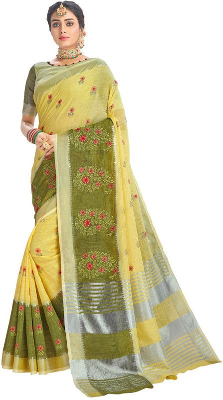 Woven Kanjivaram Linen Saree  (Yellow)