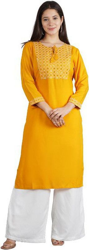 Women Embellished Viscose Rayon Straight Kurta  (Yellow)