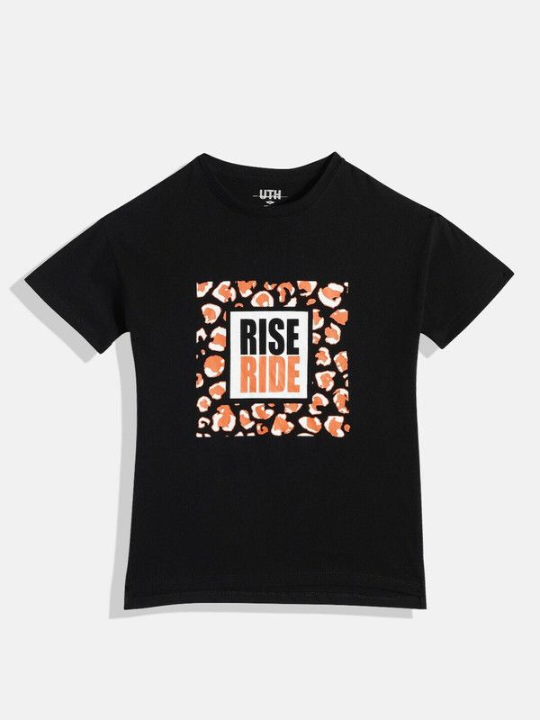 Girls Printed Pure Cotton T Shirt  (Black, Pack of 1)