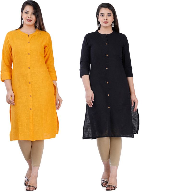 Pack of 2 Women Solid Pure Cotton Straight Kurta  (Black, Yellow)
