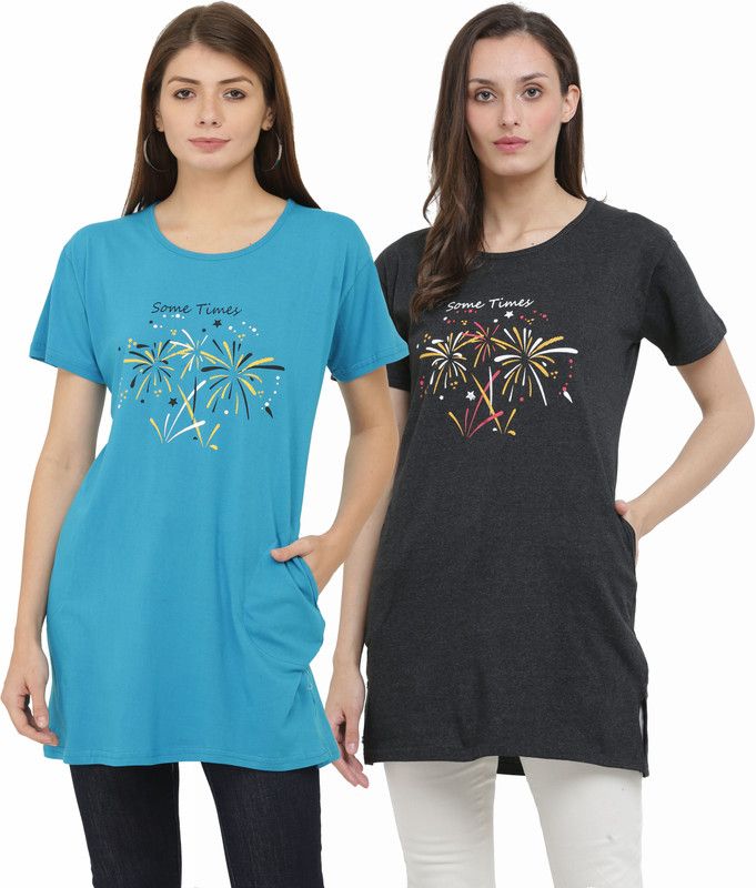 Pack of 2 Women Printed Round Neck Cotton Blend Multicolor, Grey T-Shirt