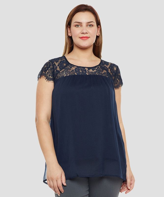 Casual Cap Sleeves Solid Women Dark Blue Top
