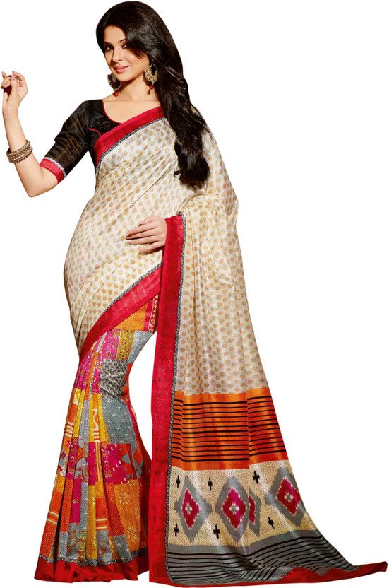 Printed Bhagalpuri Silk Blend Saree  (Black, Beige)