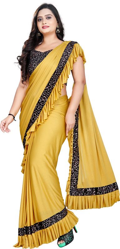 Embellished Bollywood Lycra Blend Saree  (Mustard)