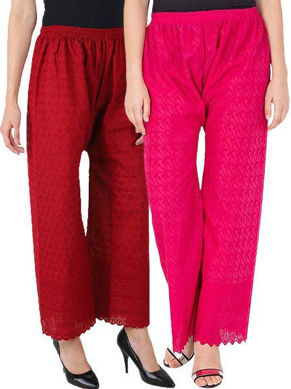 Pack of 2 Women Regular Fit Maroon, Pink Cotton Blend Trousers