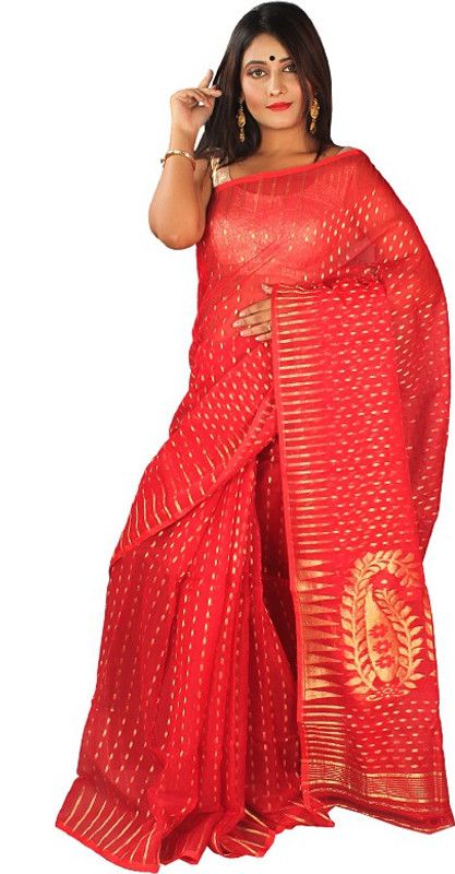 Printed Jamdani Cotton Silk Saree  (Red)