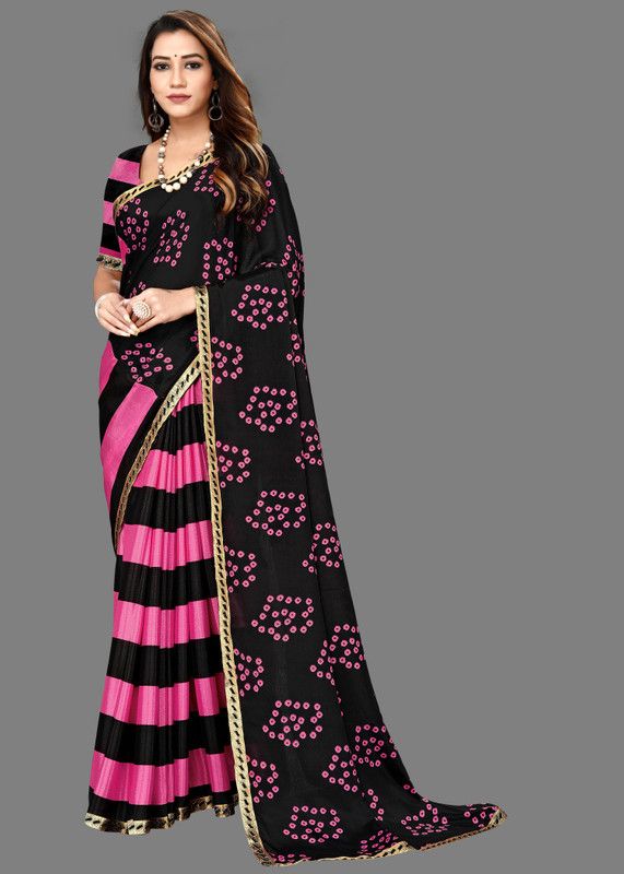 Printed Bandhani Silk Blend Saree  (Black, Pink)