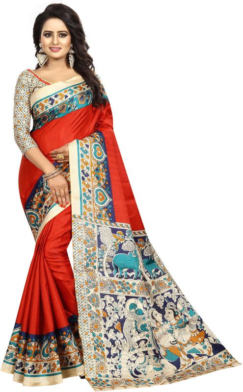 Graphic Print Kalamkari Silk Blend, Art Silk Saree  (Red)