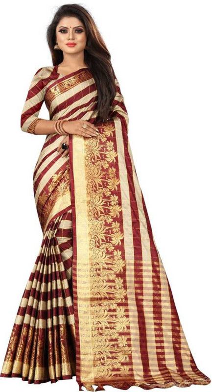Solid/Plain Banarasi Silk Blend Saree  (Cream)