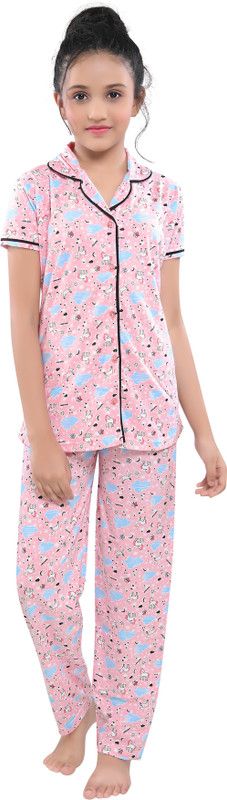 Girls Printed Hosiery Kids Nightwear  (Pink Pack of 1)