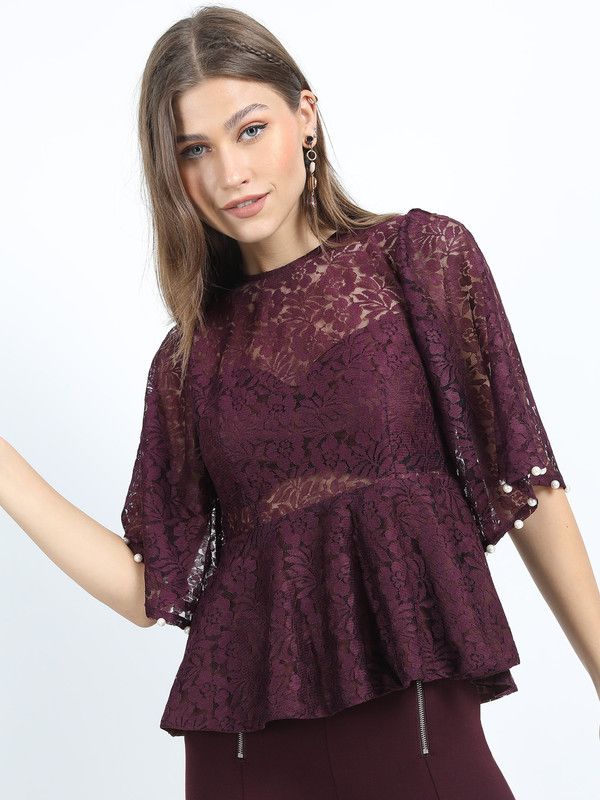 Casual Bell Sleeves Self Design Women Maroon Top