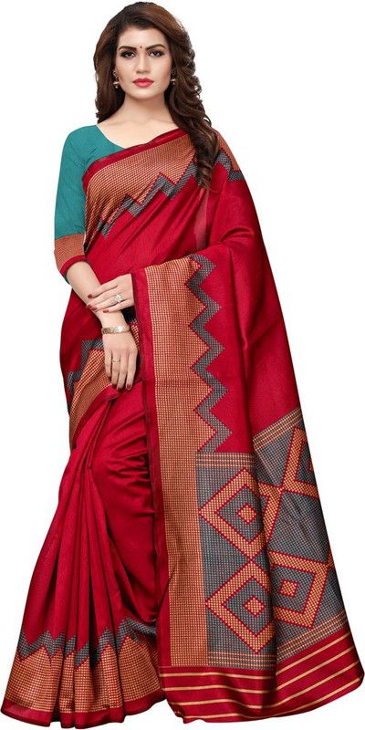 Printed, Geometric Print Chanderi Art Silk Saree  (Red, Green, Beige)
