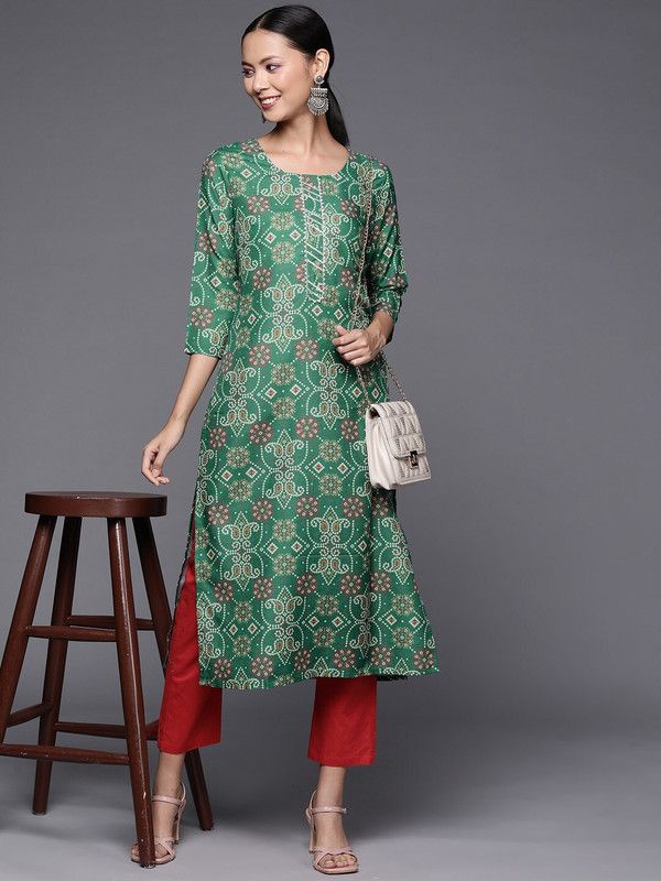Women Printed Silk Blend Straight Kurta  (Green)