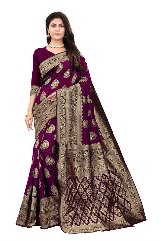 Printed Kanjivaram Jacquard, Cotton Silk Saree  (Purple)