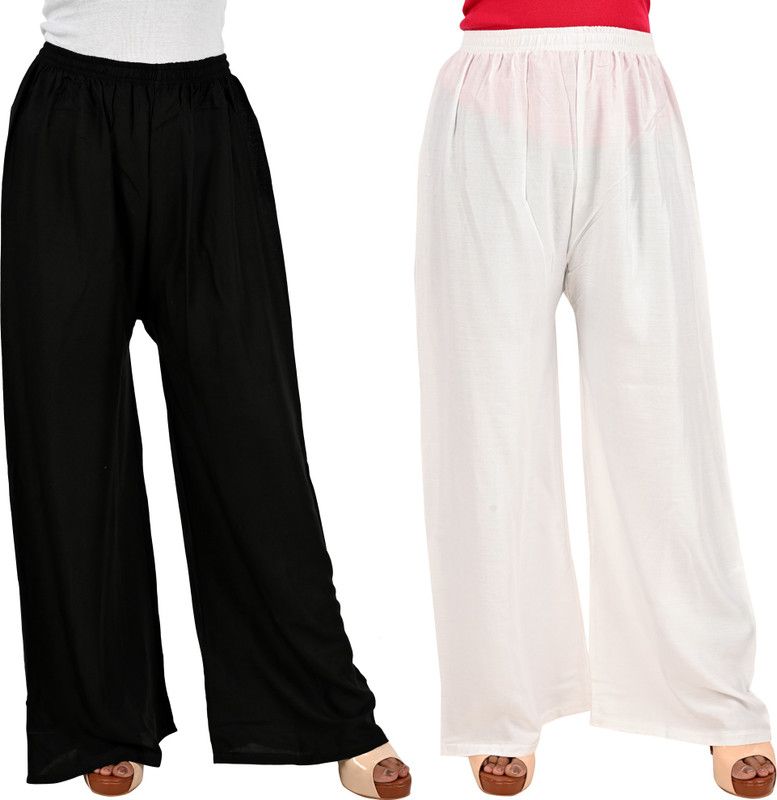 Pack of 2 Women Regular Fit White, Black Crepe Trousers