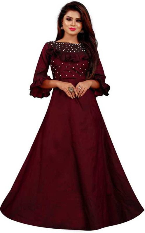Satin Stitched Anarkali Gown  (Maroon)