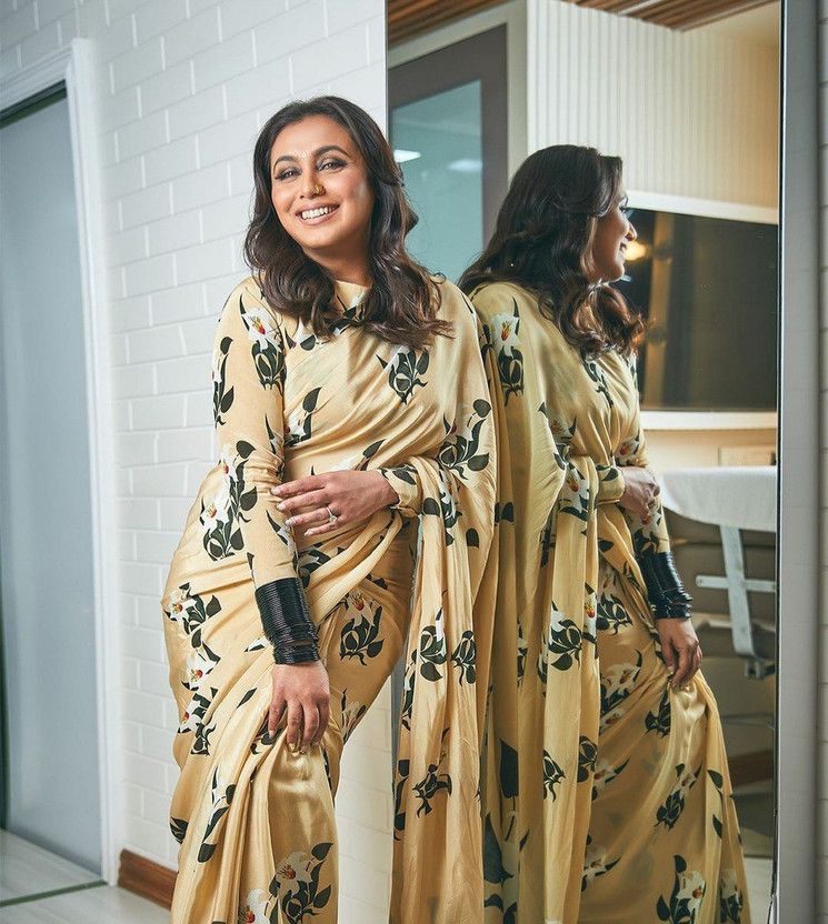 Floral Print Bollywood Satin Saree  (Beige)