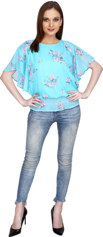 Casual Butterfly Sleeves Printed Women Light Blue Top