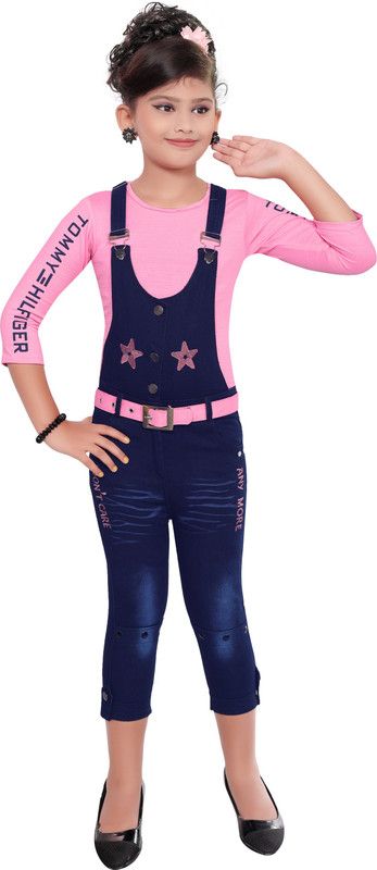 Dungaree For Baby Girls Casual Printed Denim, Polyester  (Pink, Pack of 2)