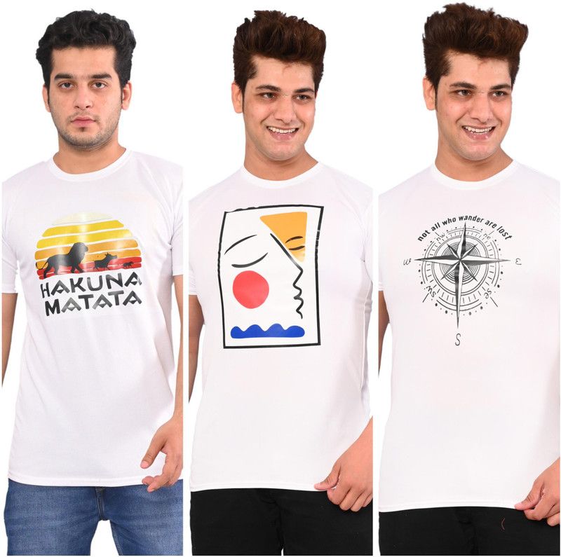 Pack of 3 Men Printed Round Neck Elastane White, Black T-Shirt