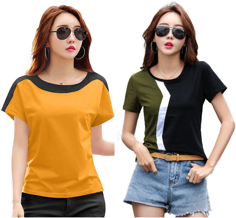 Pack of 2 Women Solid Round Neck Cotton Blend Green, Yellow T-Shirt