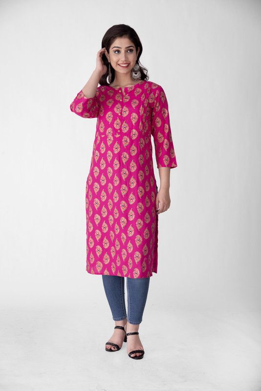 Women Printed, Paisley Viscose Rayon Straight Kurta  (Pink)