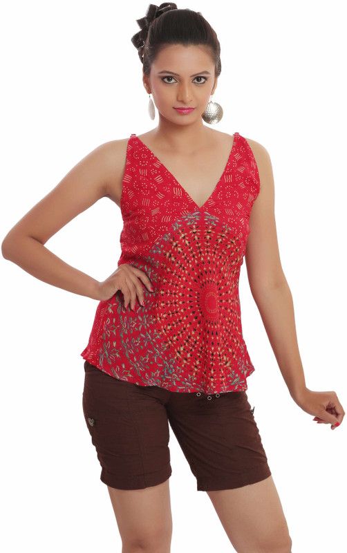 Casual Sleeveless Floral Print Women Red Top