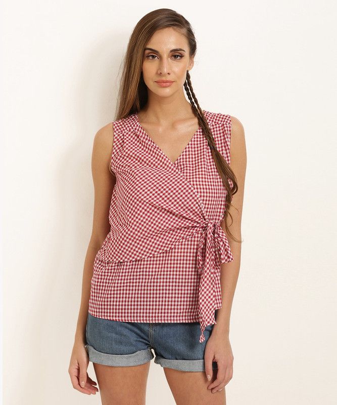 Casual Sleeveless Checkered Women Maroon Top