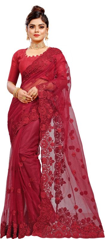 Embroidered Bollywood Net Saree  (Maroon)