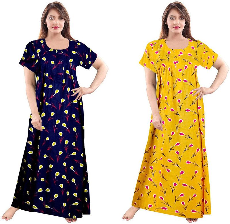 Pack of 2 Women Nighty Set  (Blue, Yellow)