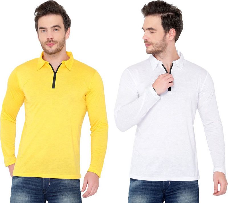 Pack of 2 Men Solid Polo Neck Cotton Blend White, Yellow T-Shirt