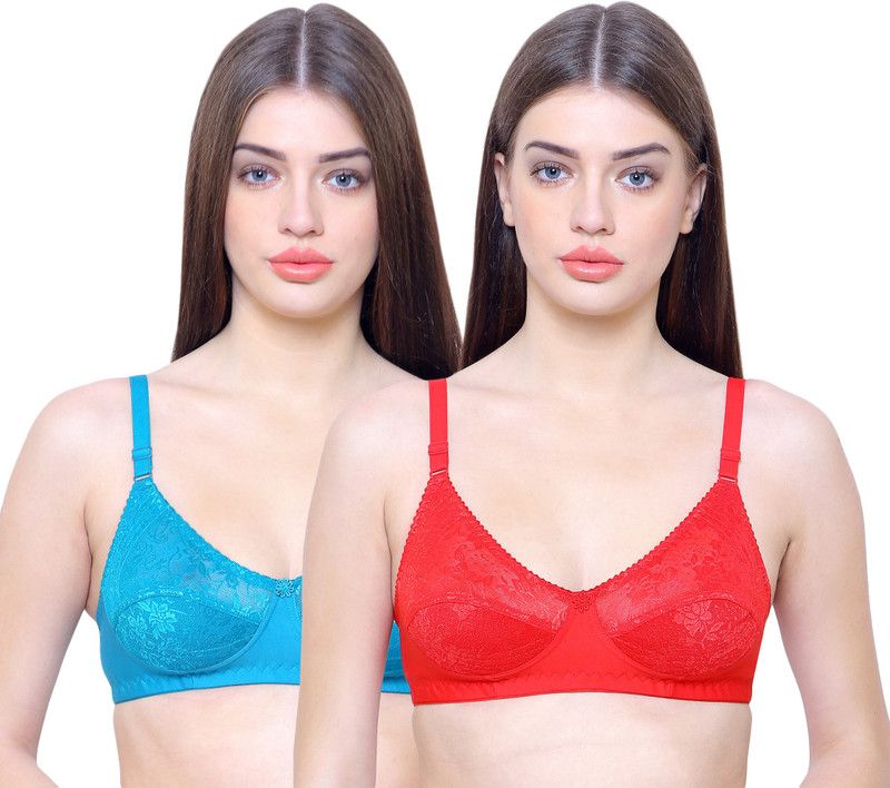 Pack of 2 Women Full Coverage Non Padded Bra  (Red, Blue)