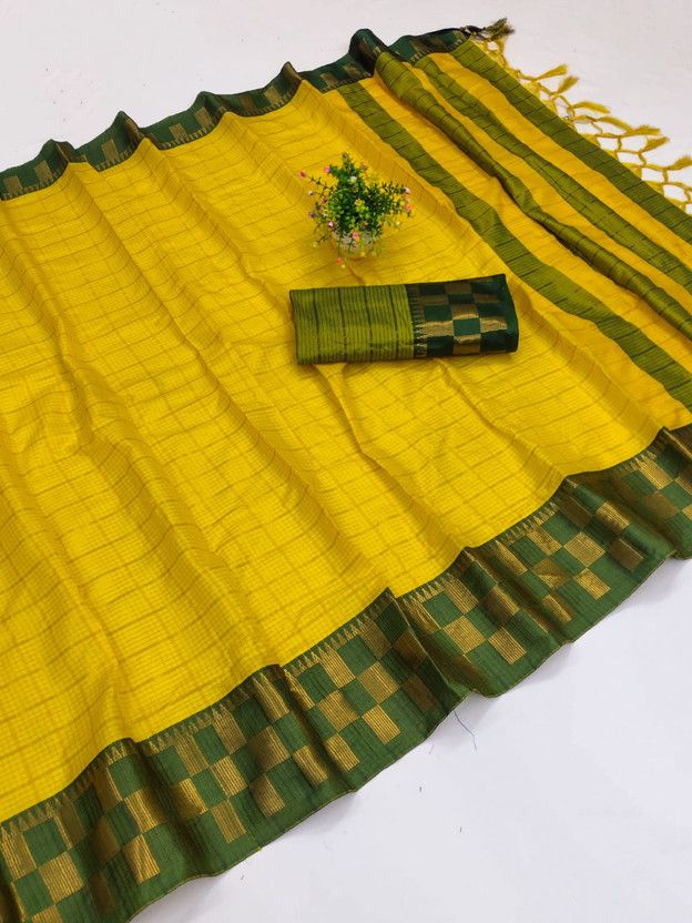 Embellished, Dyed, Checkered Dharmavaram Pure Silk, Cotton Silk Saree  (Green, Yellow)