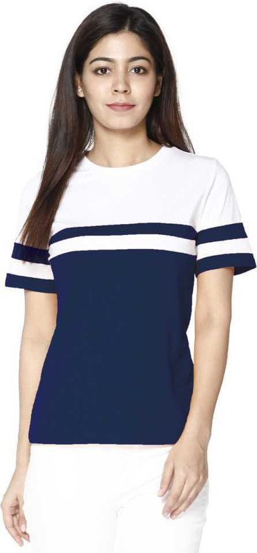 Women Colorblock Round Neck Cotton Blend Blue T-Shirt